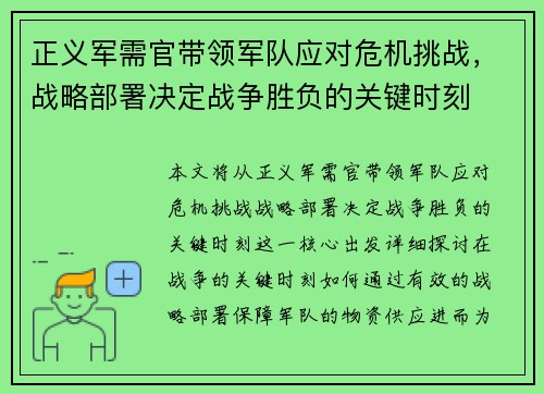 正义军需官带领军队应对危机挑战，战略部署决定战争胜负的关键时刻